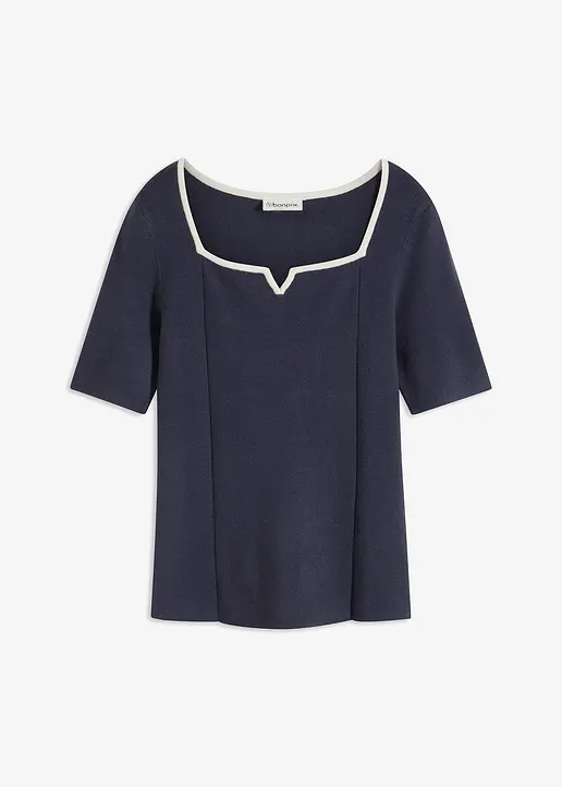 bonprix eleganter Pullover mit Kontrastblende und Kurzarm - blau - Damen