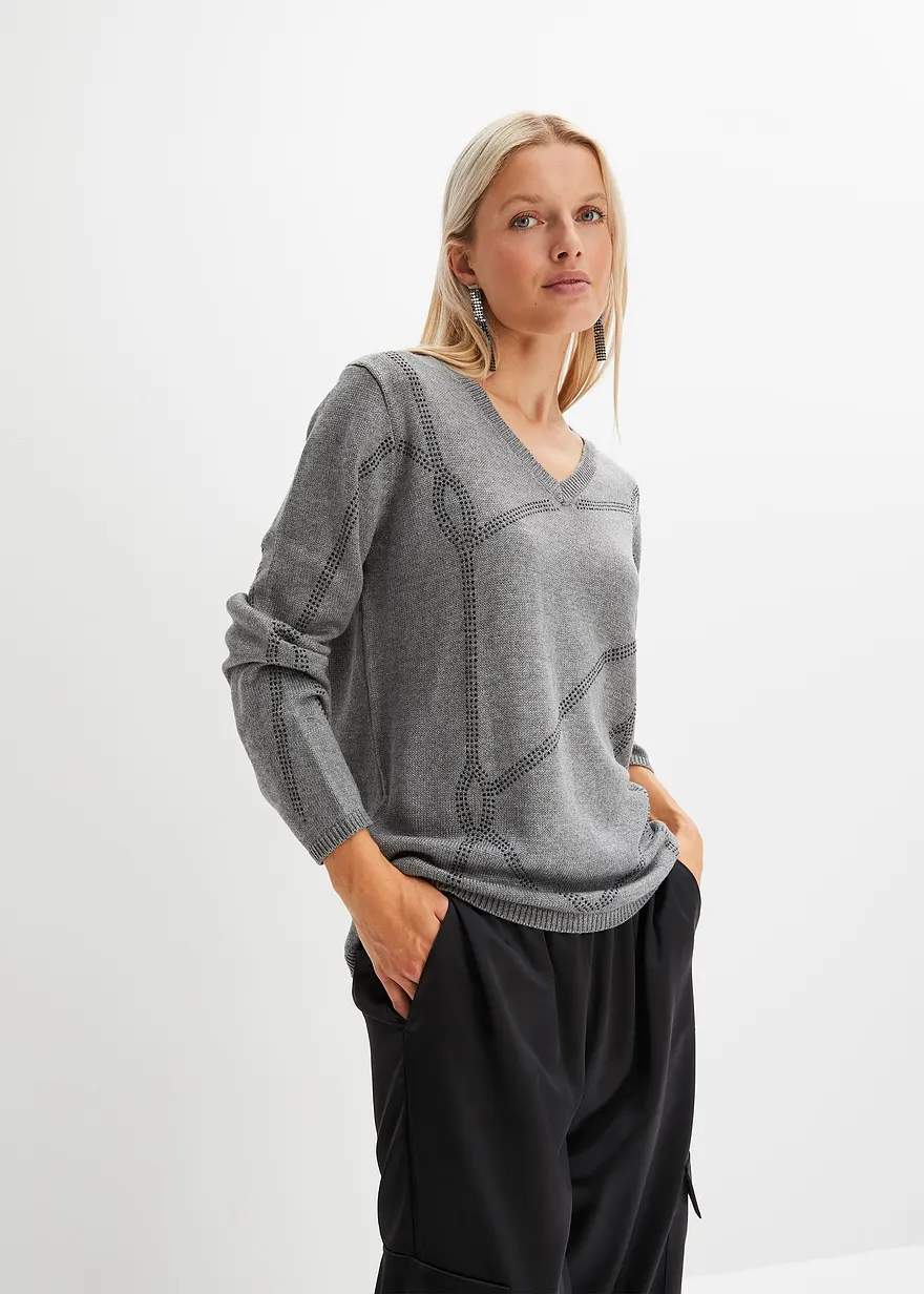 Bonprix Eleganter Pullover Mit Strass-Applikationen - Grau