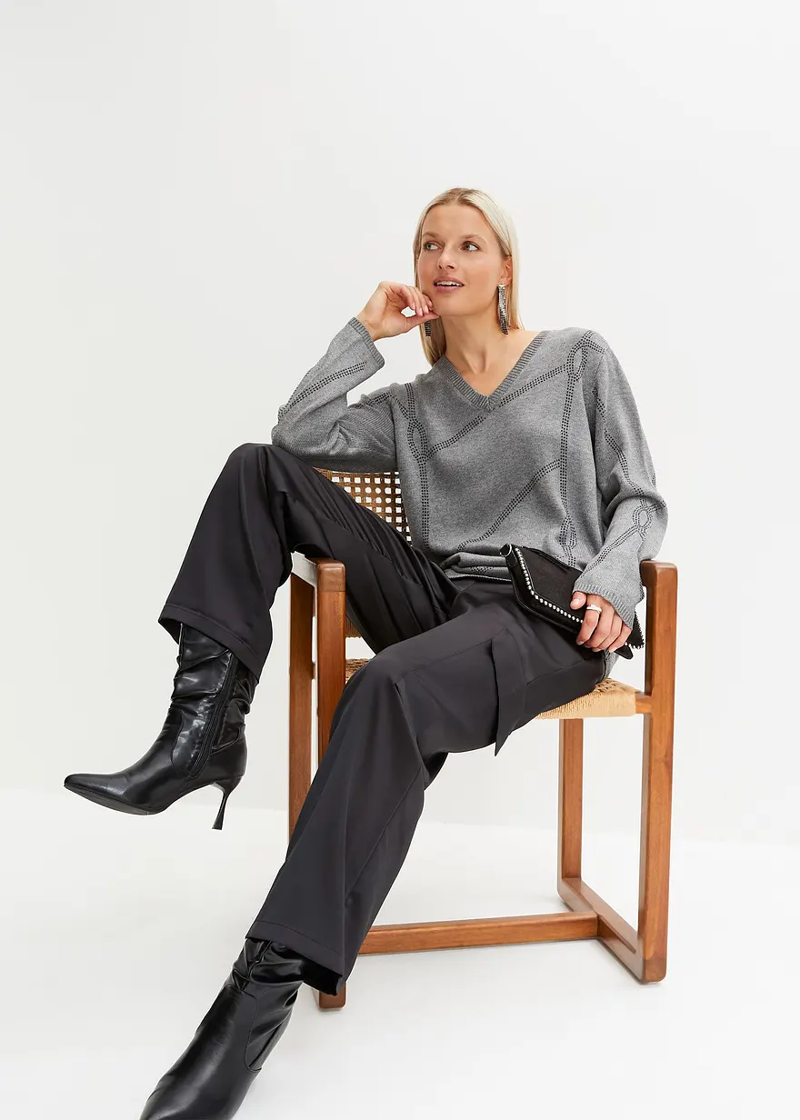 Bonprix Eleganter Pullover Mit Strass-Applikationen - Grau