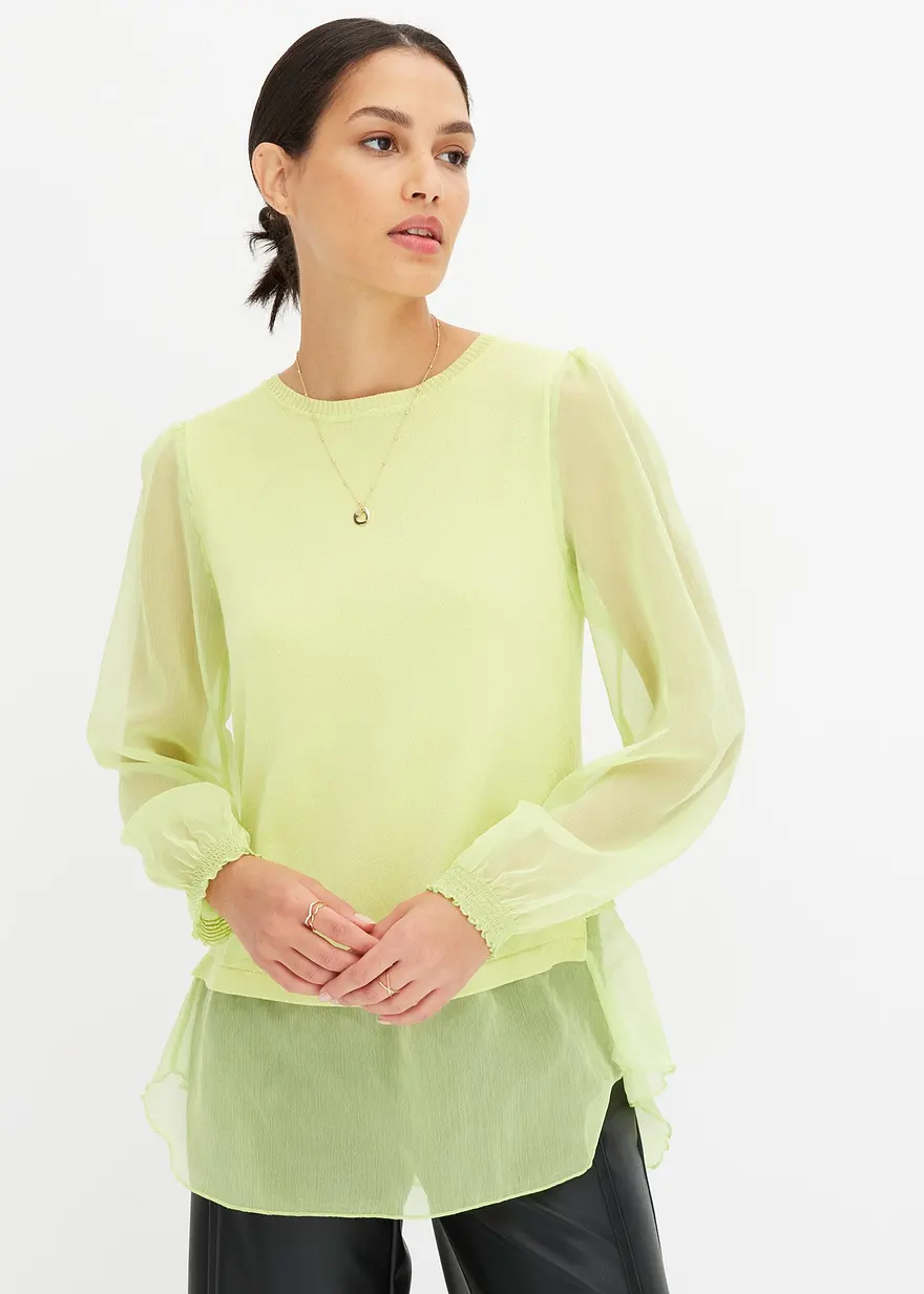 Bonprix Eleganter Pullover Mit Verspielten Chiffon Ärmeln - Grün - Damen