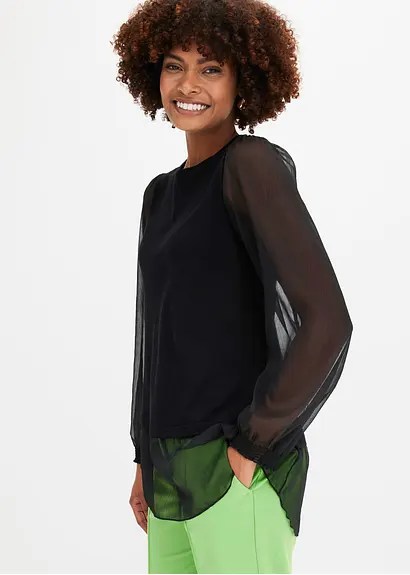Bonprix Eleganter Pullover Mit Verspielten Chiffon Ärmeln - Schwarz