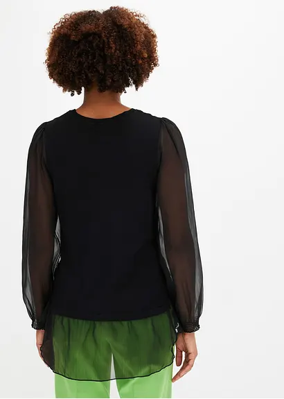 Bonprix Eleganter Pullover Mit Verspielten Chiffon Ärmeln - Schwarz