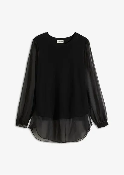 bonprix eleganter Pullover mit verspielten Chiffon Ärmeln - schwarz