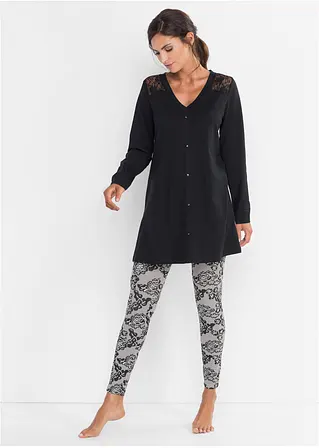 Bonprix Eleganter Pyjama Mit Spitze - Schwarz/ Grau Bedruckt
