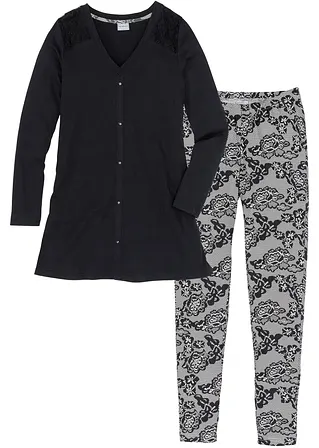 bonprix Eleganter Pyjama mit Spitze - schwarz/ grau bedruckt
