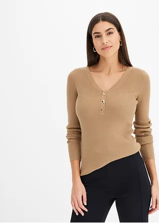 Bonprix Eleganter Rippenpullover Mit Verspielten Knöpfen - Braun - Damen