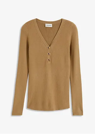 bonprix eleganter Rippenpullover mit verspielten Knöpfen - braun - Damen