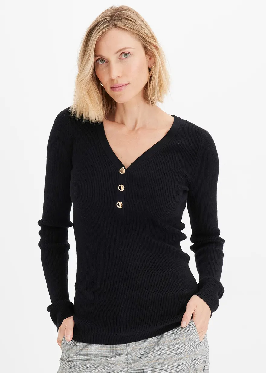 Bonprix Eleganter Rippenpullover Mit Verspielten Knöpfen - Schwarz