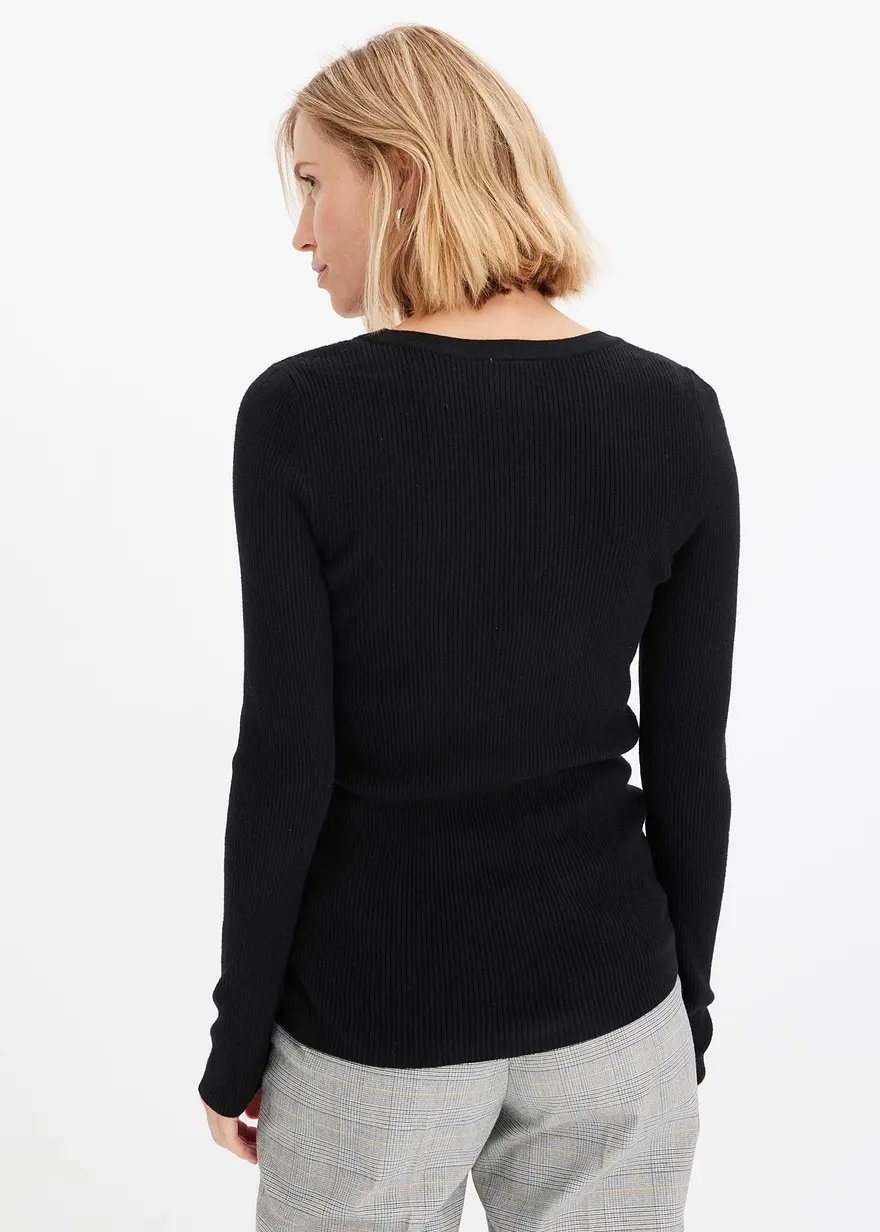 Bonprix Eleganter Rippenpullover Mit Verspielten Knöpfen - Schwarz