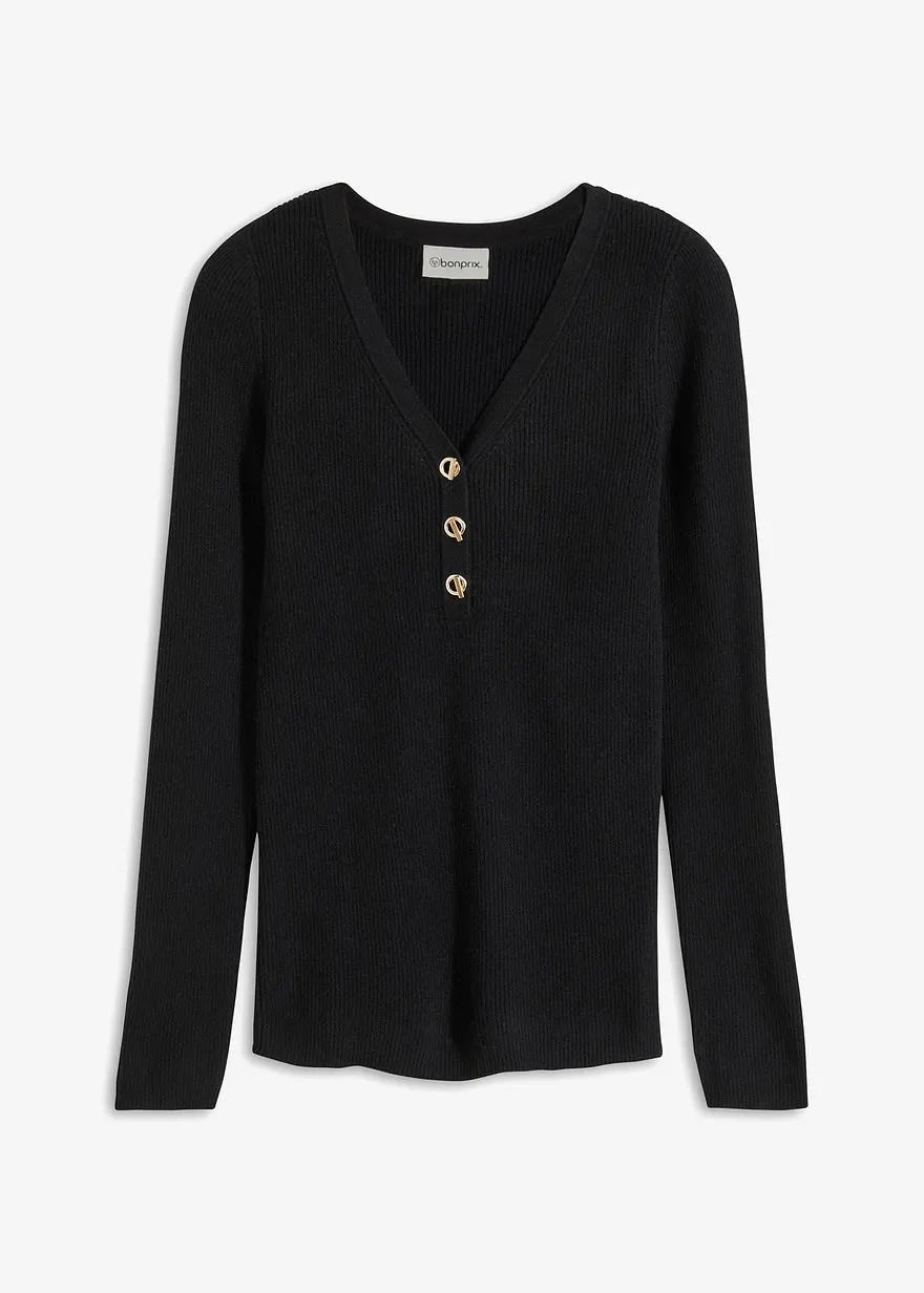 bonprix eleganter Rippenpullover mit verspielten Knöpfen - schwarz