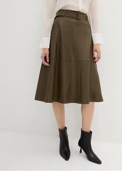 Bonprix Eleganter Rock In A-Linie Aus Lammnappa Mit Gürtel - Braun