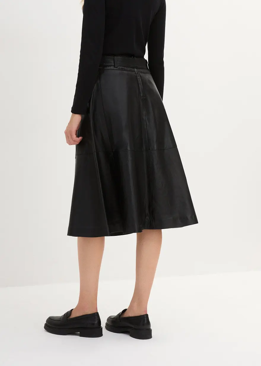 Bonprix Eleganter Rock In A-Linie Aus Lammnappa Mit Gürtel - Schwarz