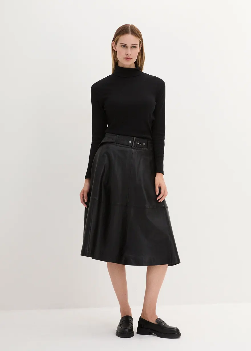 Bonprix Eleganter Rock In A-Linie Aus Lammnappa Mit Gürtel - Schwarz