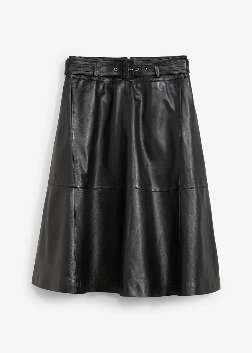bonprix eleganter Rock in A-Linie aus Lammnappa mit Gürtel - schwarz