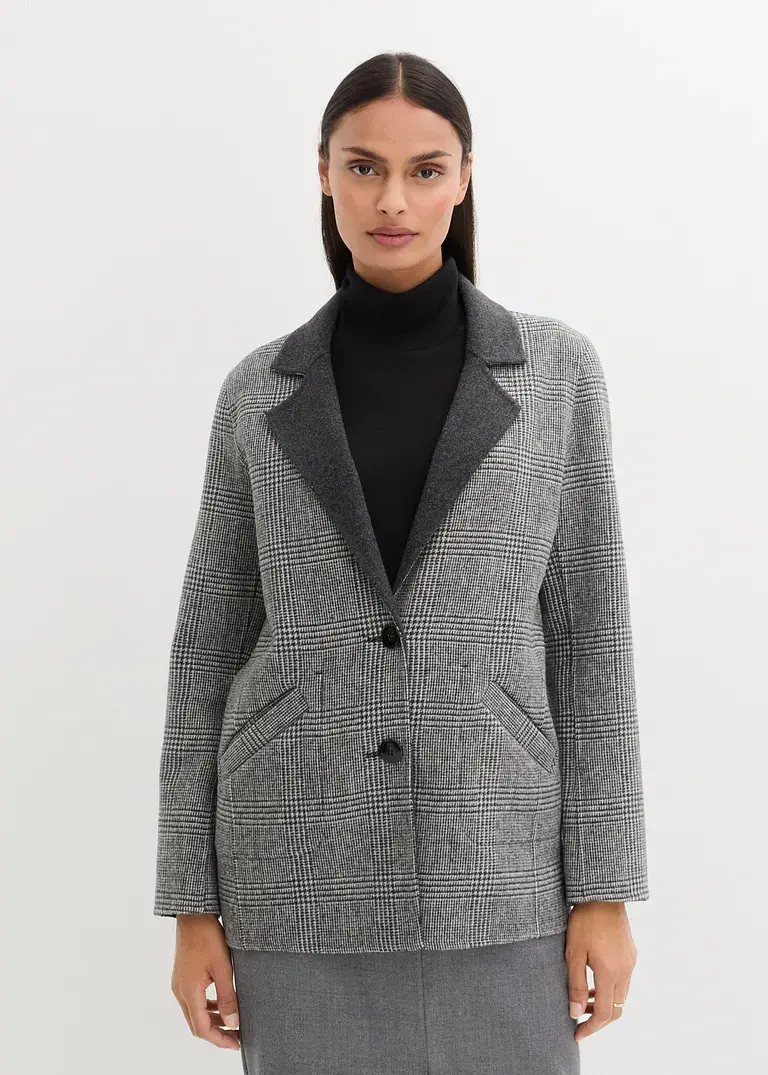 Bonprix Eleganter Wollblazer Zu Wenden: Unifarben Auf Der Einen Seite Zeitloses Glencheck-Muster Auf Der Anderen Seite