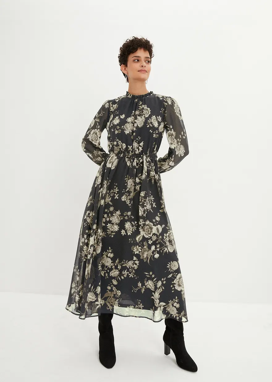 Bonprix Elegantes Chiffonkleid Mit Blütendruck - Schwarz