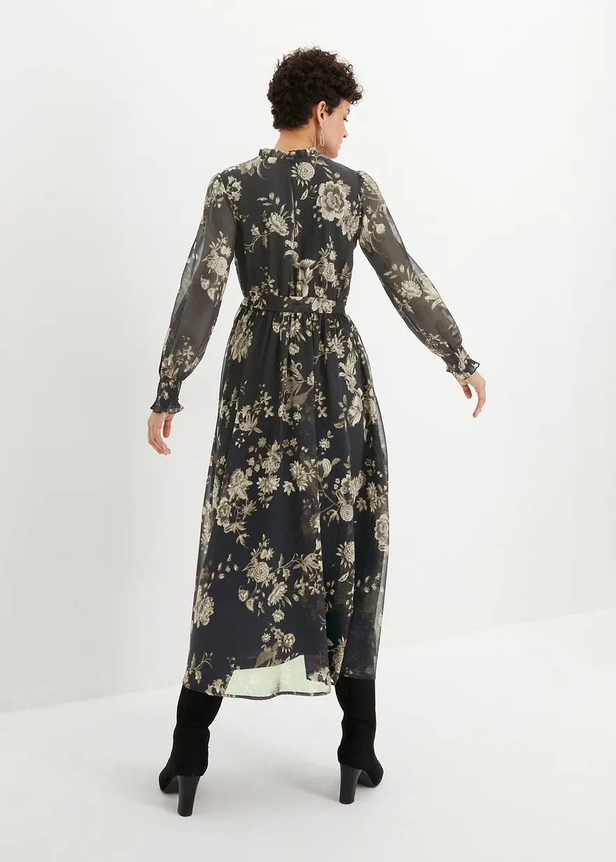 Bonprix Elegantes Chiffonkleid Mit Blütendruck - Schwarz