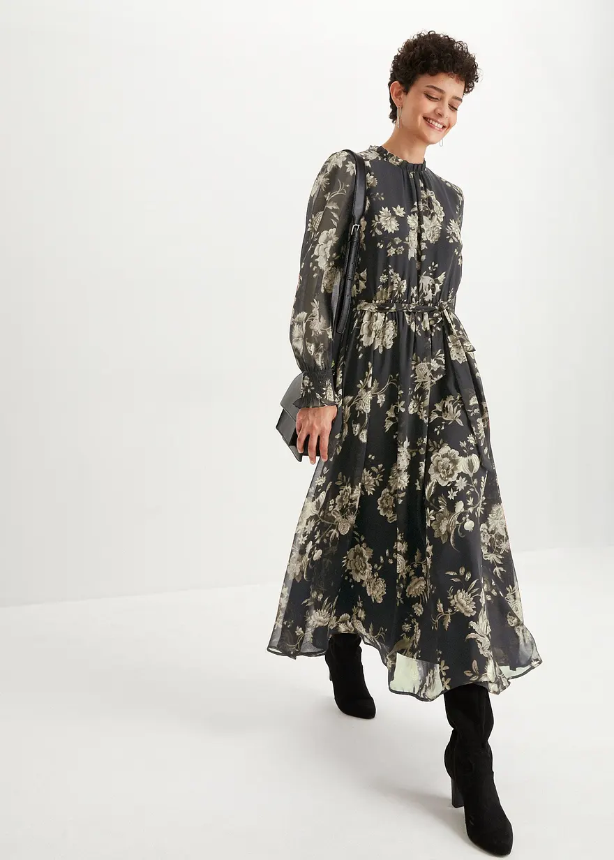 Bonprix Elegantes Chiffonkleid Mit Blütendruck - Schwarz