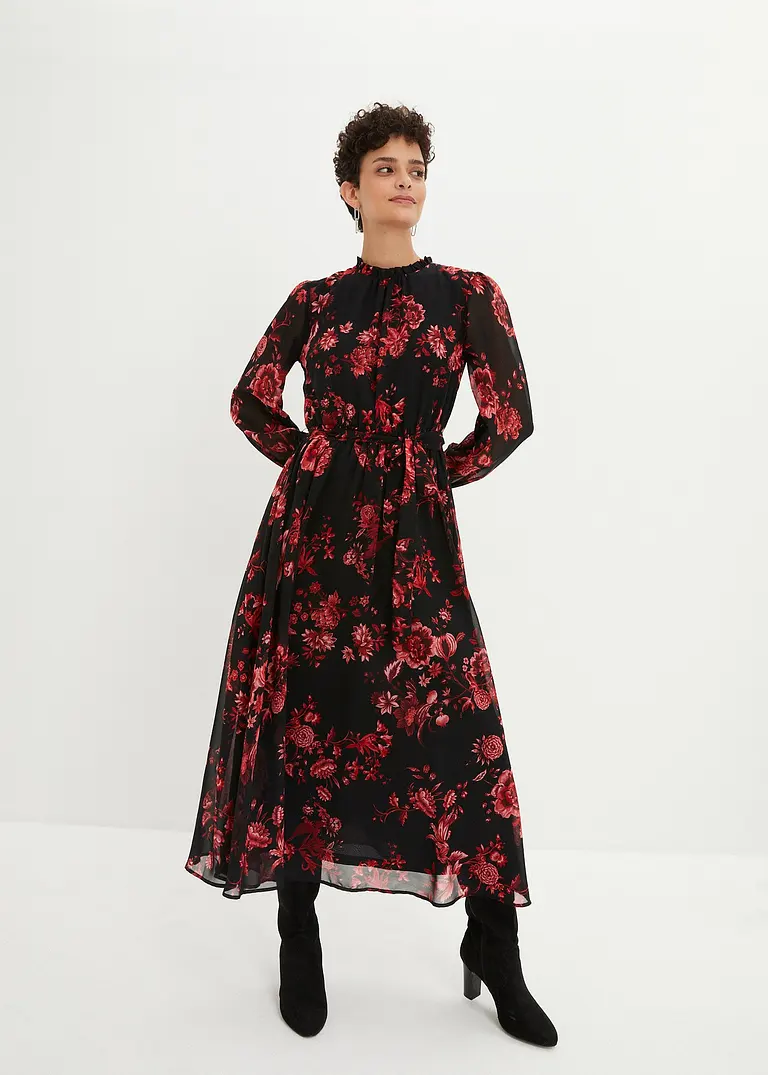 Bonprix Elegantes Chiffonkleid Mit Blütendruck - Schwarz