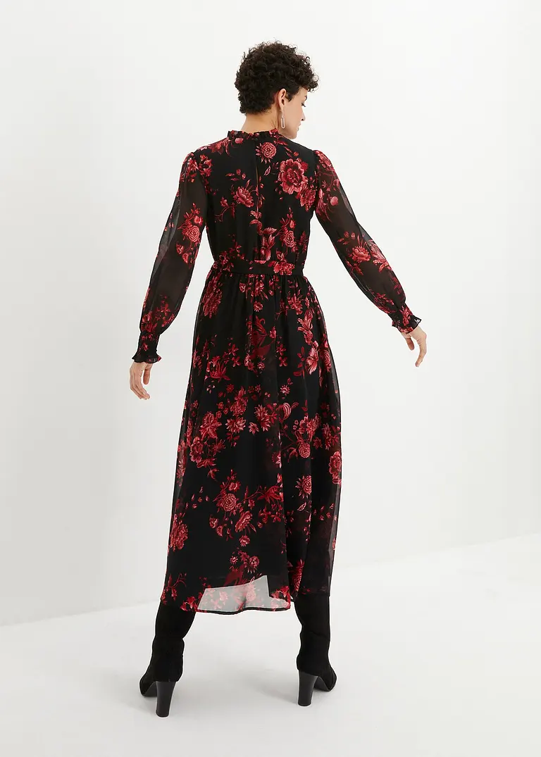 Bonprix Elegantes Chiffonkleid Mit Blütendruck - Schwarz