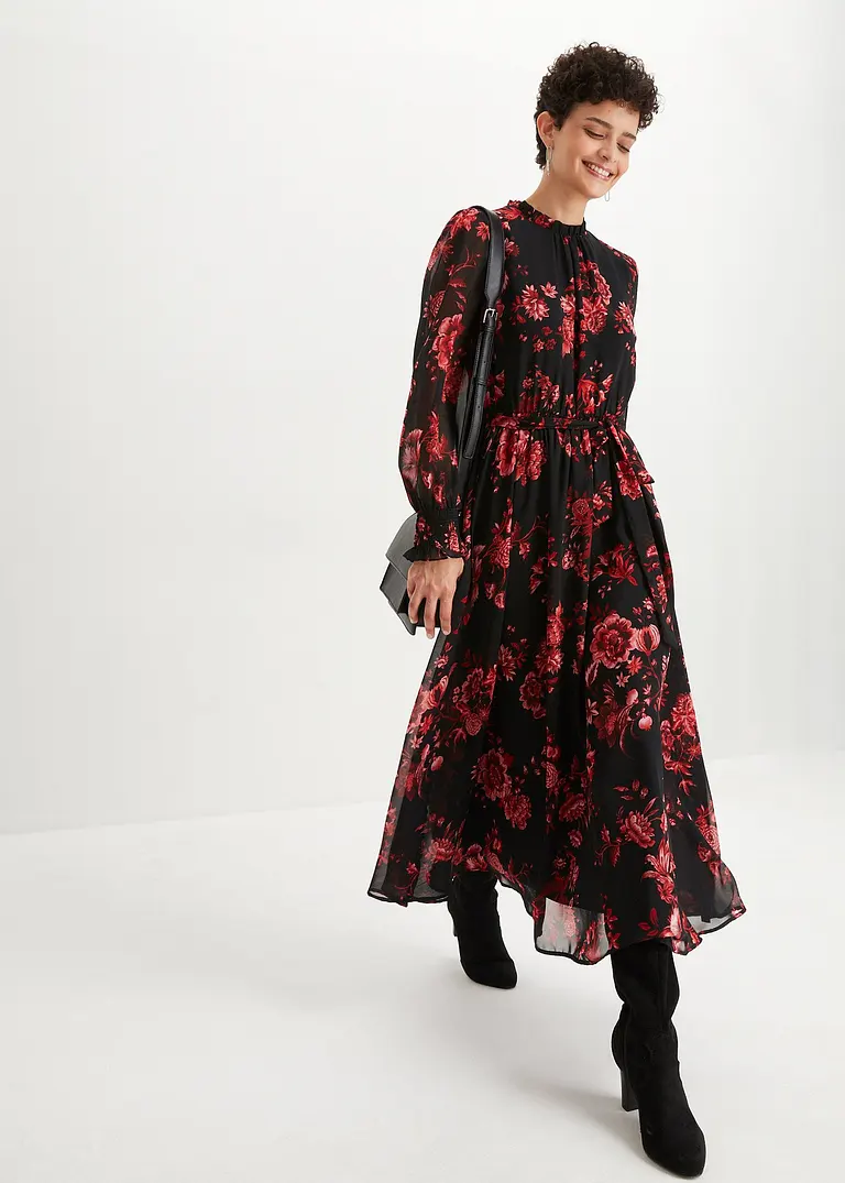 Bonprix Elegantes Chiffonkleid Mit Blütendruck - Schwarz