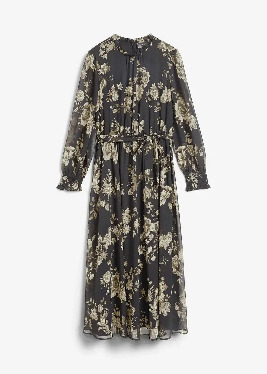 bonprix Elegantes Chiffonkleid mit Blütendruck - schwarz