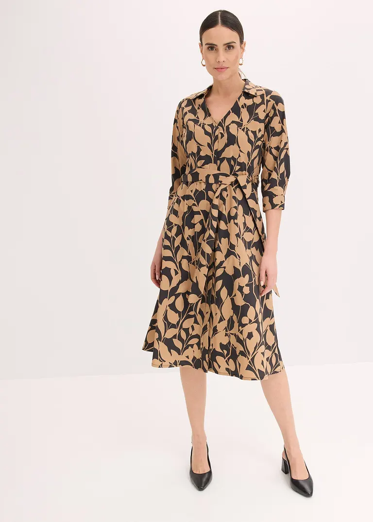 Bonprix Elegantes Hemdblusenkleid Mit Floralem Druck - Schwarz
