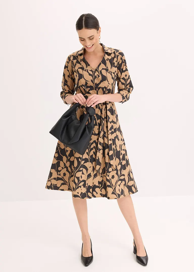 Bonprix Elegantes Hemdblusenkleid Mit Floralem Druck - Schwarz