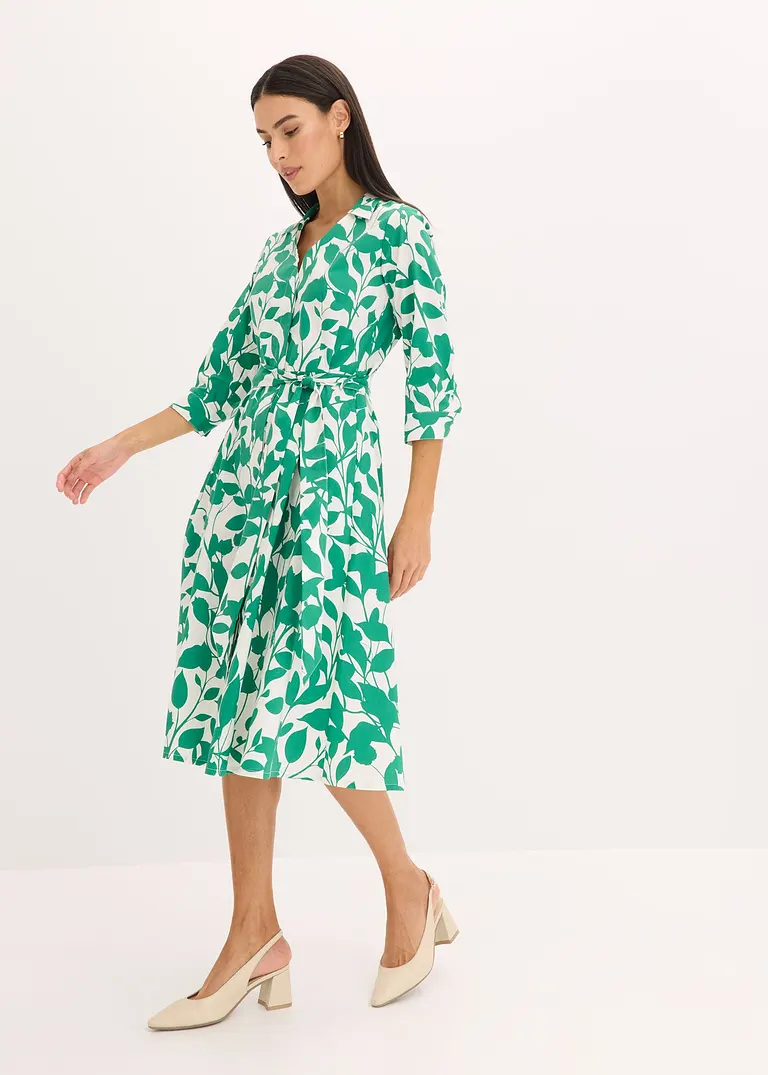 Bonprix Elegantes Hemdblusenkleid Mit Floralem Druck - Weiß