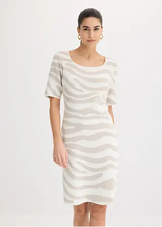 Bonprix Elegantes Jacquard Strickkleid Mit Zebra-Design - Weiß