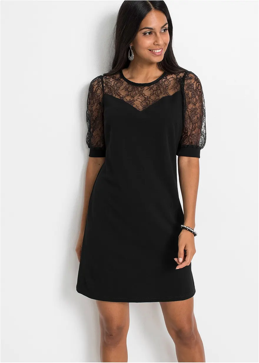 Bonprix Elegantes Kleid Mit Spitzeneinsatz - Schwarz - Damen