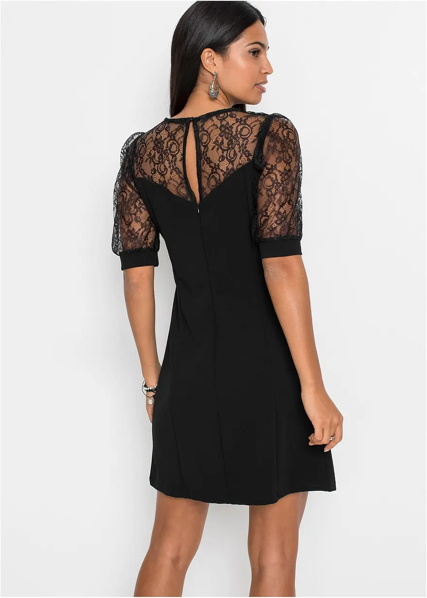 Bonprix Elegantes Kleid Mit Spitzeneinsatz - Schwarz - Damen
