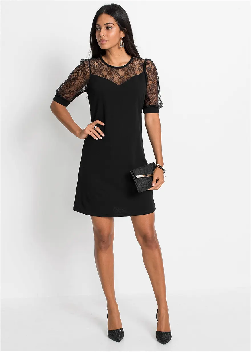 Bonprix Elegantes Kleid Mit Spitzeneinsatz - Schwarz - Damen