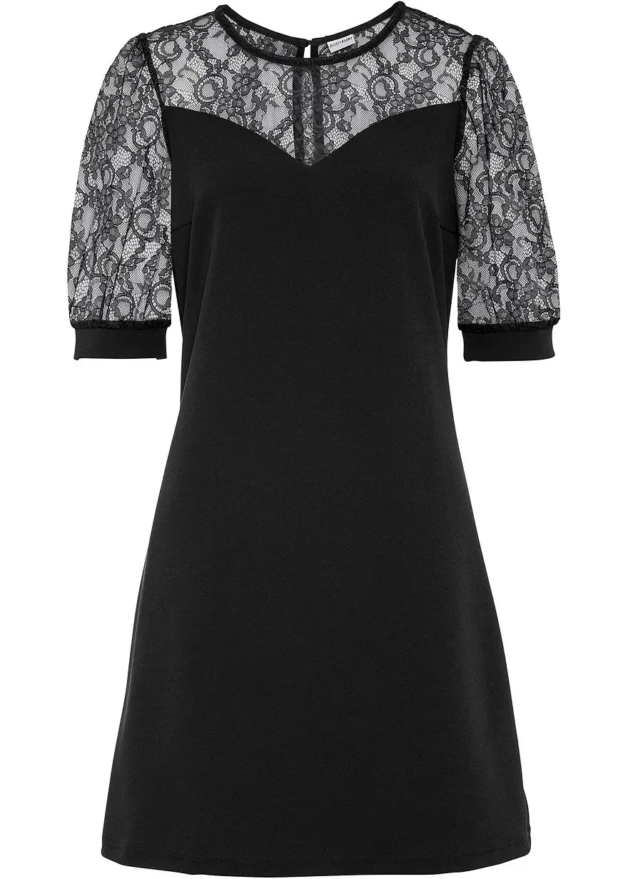 bonprix Elegantes Kleid mit Spitzeneinsatz - schwarz - Damen