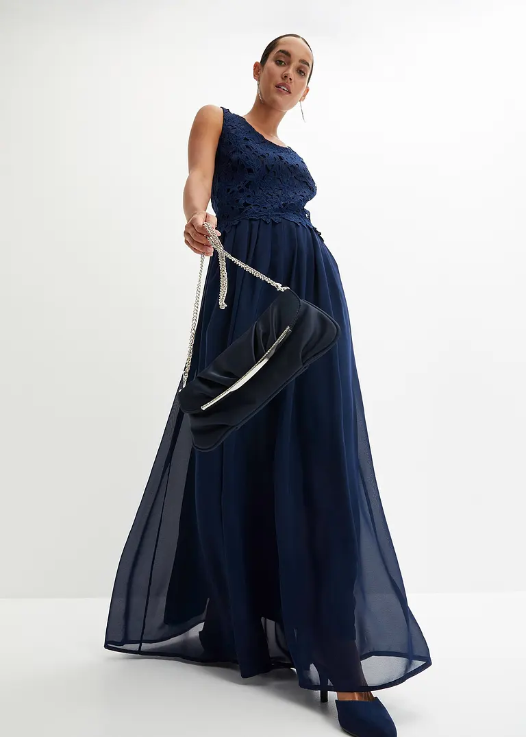 Bonprix Elegantes Maxikleid Mit Schöner Spitze Und Chiffonrock - Blau