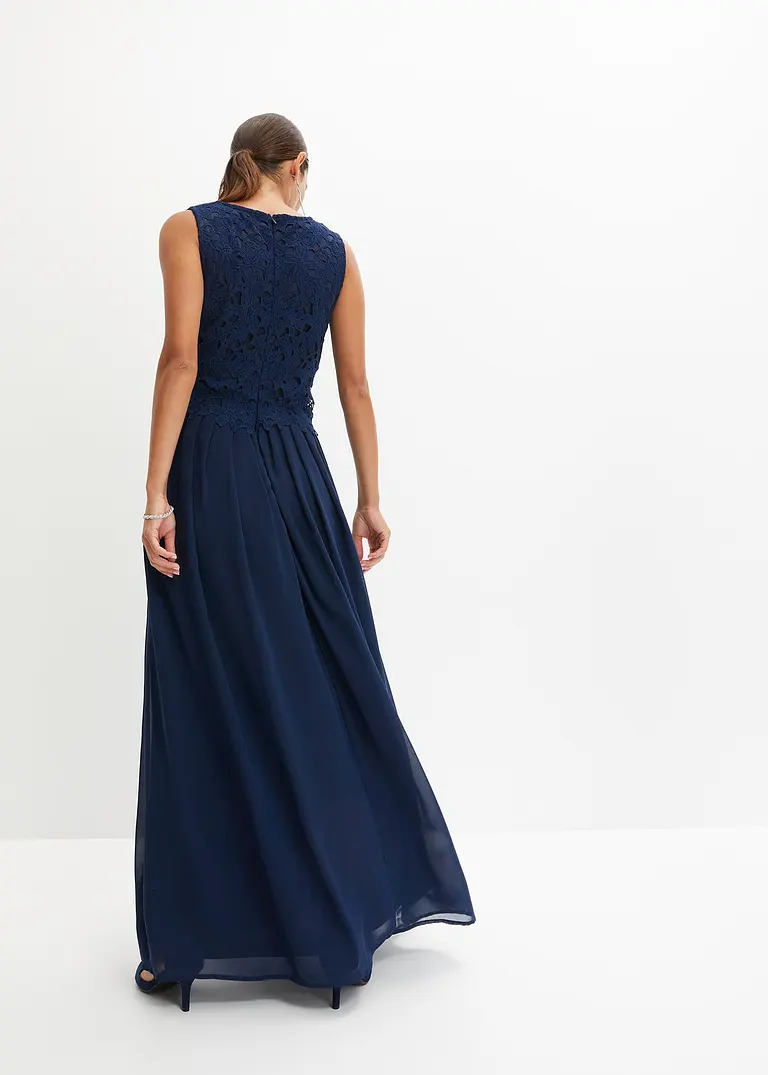Bonprix Elegantes Maxikleid Mit Schöner Spitze Und Chiffonrock - Blau