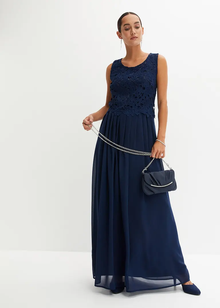 Bonprix Elegantes Maxikleid Mit Schöner Spitze Und Chiffonrock - Blau