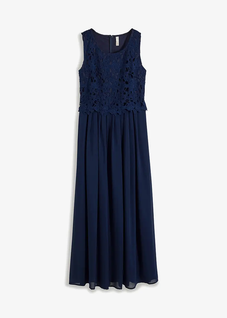 Bonprix Elegantes Maxikleid Mit Schöner Spitze Und Chiffonrock - Blau