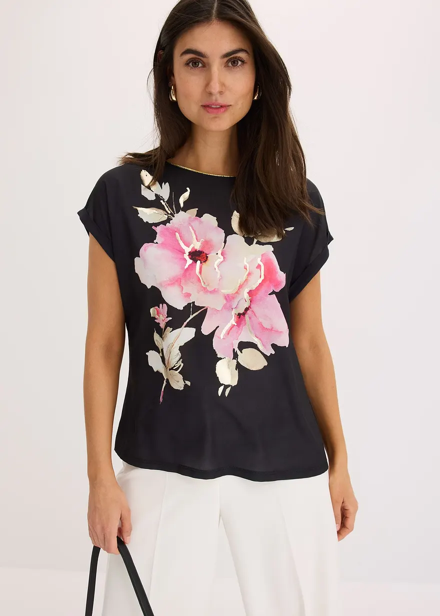 Bonprix Elegantes Shirt Mit Satineinsatz - Schwarz - Damen