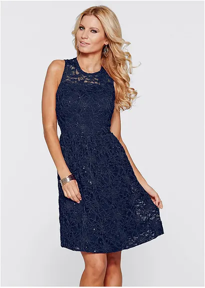 Bonprix Elegantes Spitzenkleid Mit Bestickten Pailletten Und Ausgestelltem Rock
