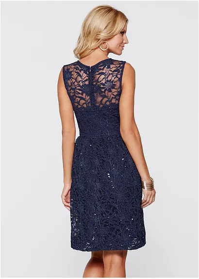 Bonprix Elegantes Spitzenkleid Mit Bestickten Pailletten Und Ausgestelltem Rock
