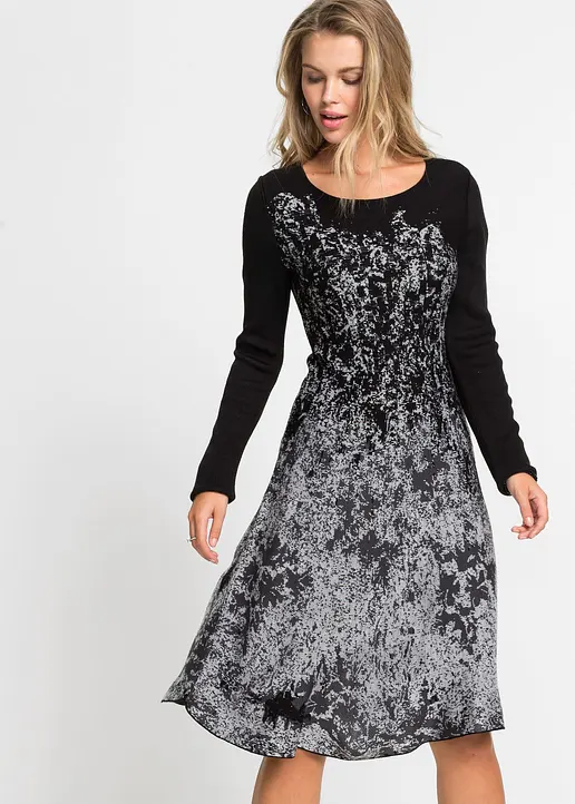 Bonprix Elegantes Strickkleid Mit Ausgestelltem Rock - Schwarz