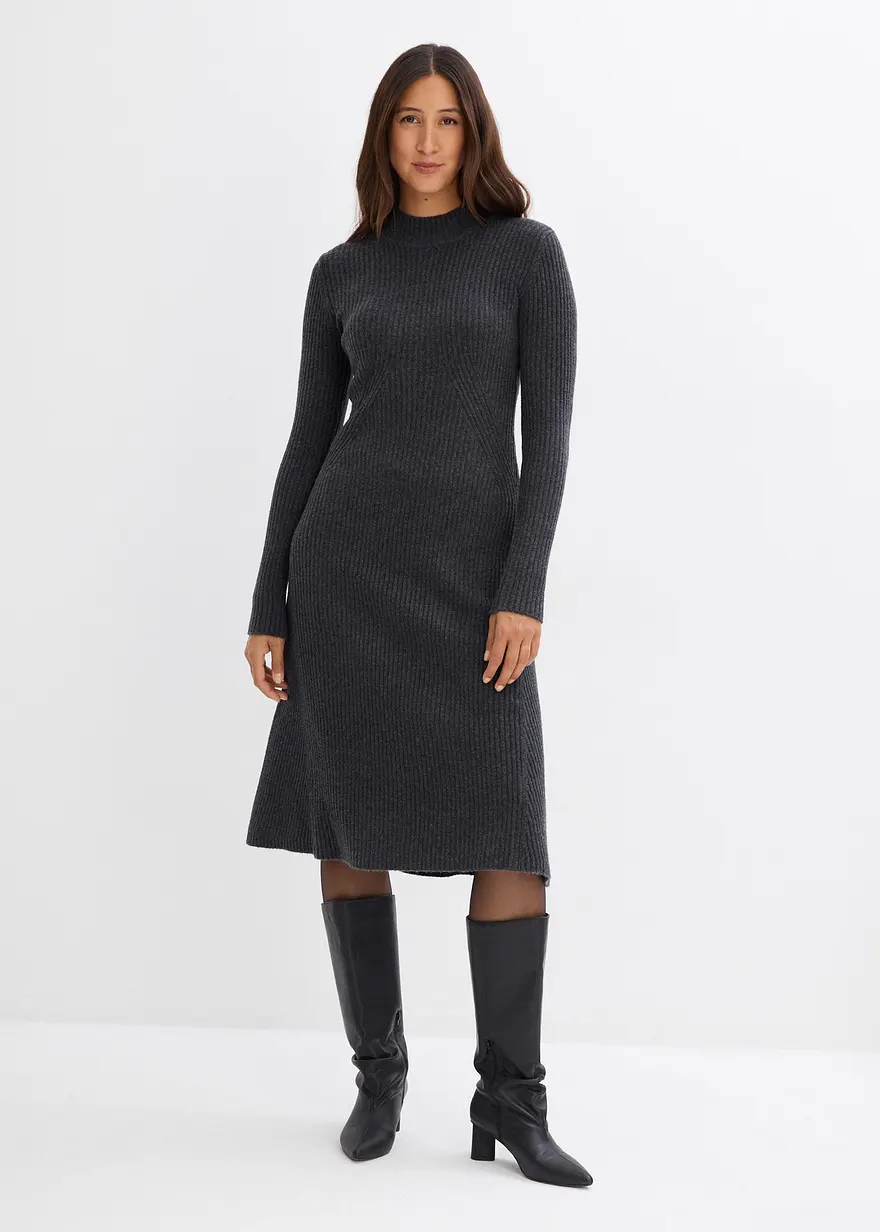 Bonprix Elegantes Strickkleid Mit Stehkragen - Grau - Damen