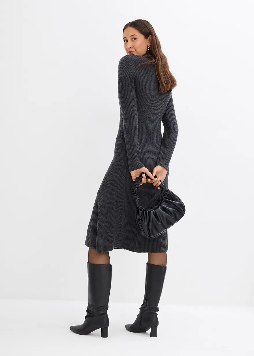 Bonprix Elegantes Strickkleid Mit Stehkragen - Grau - Damen