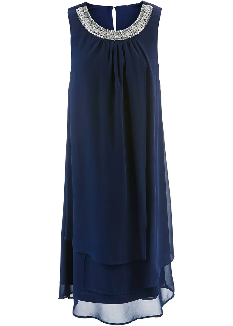 bonprix Elegantes und kaschierendes Minikleid aus feinem Chiffon mit einer Strasssteinverzierung am Ausschnitt