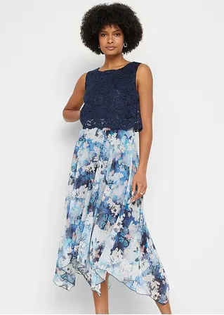 Bonprix Elegantes Zipfelkleid Aus Feinem Chiffon In Midi-Länge Mit Spitze Im Oberteil