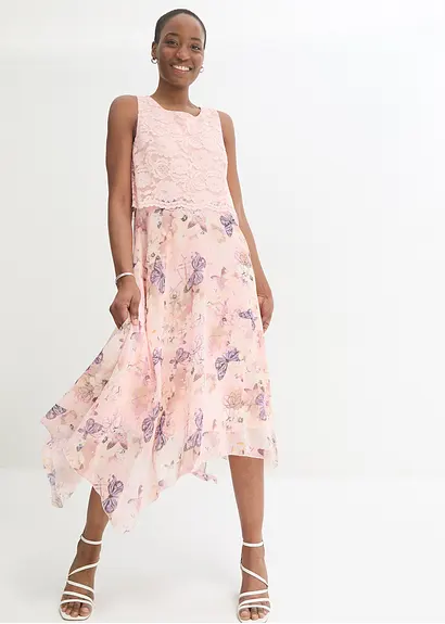 Bonprix Elegantes Zipfelkleid Aus Feinem Chiffon In Midi-Länge Mit Spitze Im Oberteil