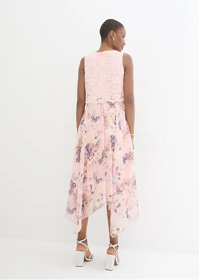 Bonprix Elegantes Zipfelkleid Aus Feinem Chiffon In Midi-Länge Mit Spitze Im Oberteil