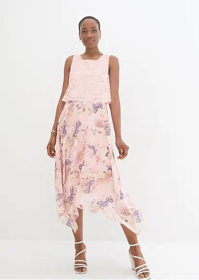 Bonprix Elegantes Zipfelkleid Aus Feinem Chiffon In Midi-Länge Mit Spitze Im Oberteil