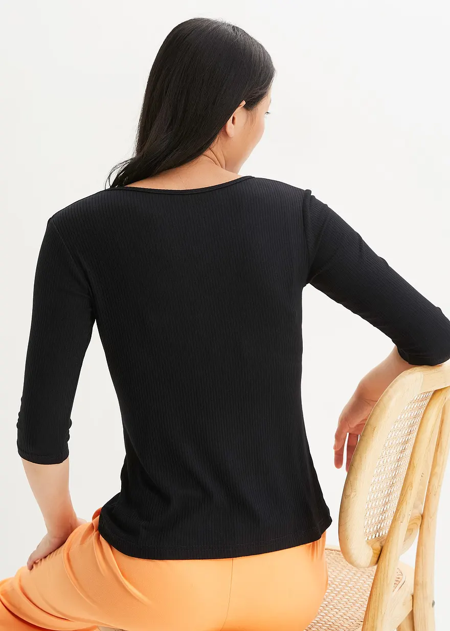 Bonprix Eng Anliegendes Shirt Mit Ausschnitt-Detail Halbarm - Schwarz